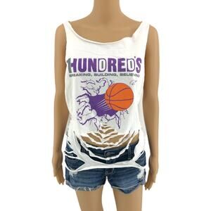 1Hundred's MEDIUM White Crop Top Fringe Cut Out Cotton Basketball Tee Shirt